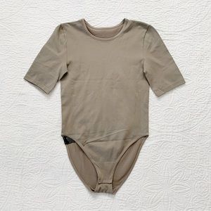 Wolford Cotton Velvet Short-Sleeve Crew Neck Bodysuit, Taupe